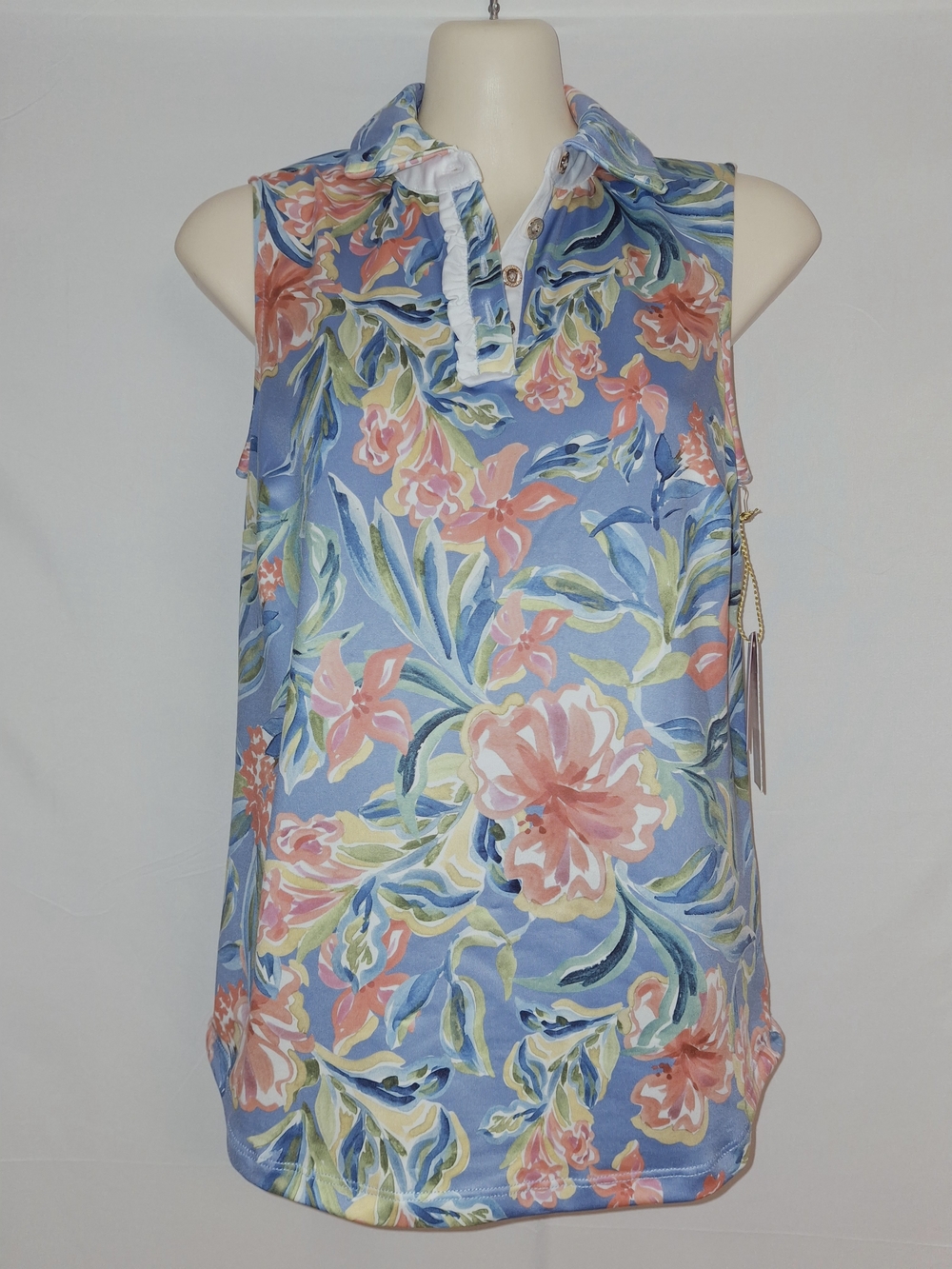 Floral Sleeveless Sport UPF 50 Golf Polo Tank Top - Blue & Coral XS